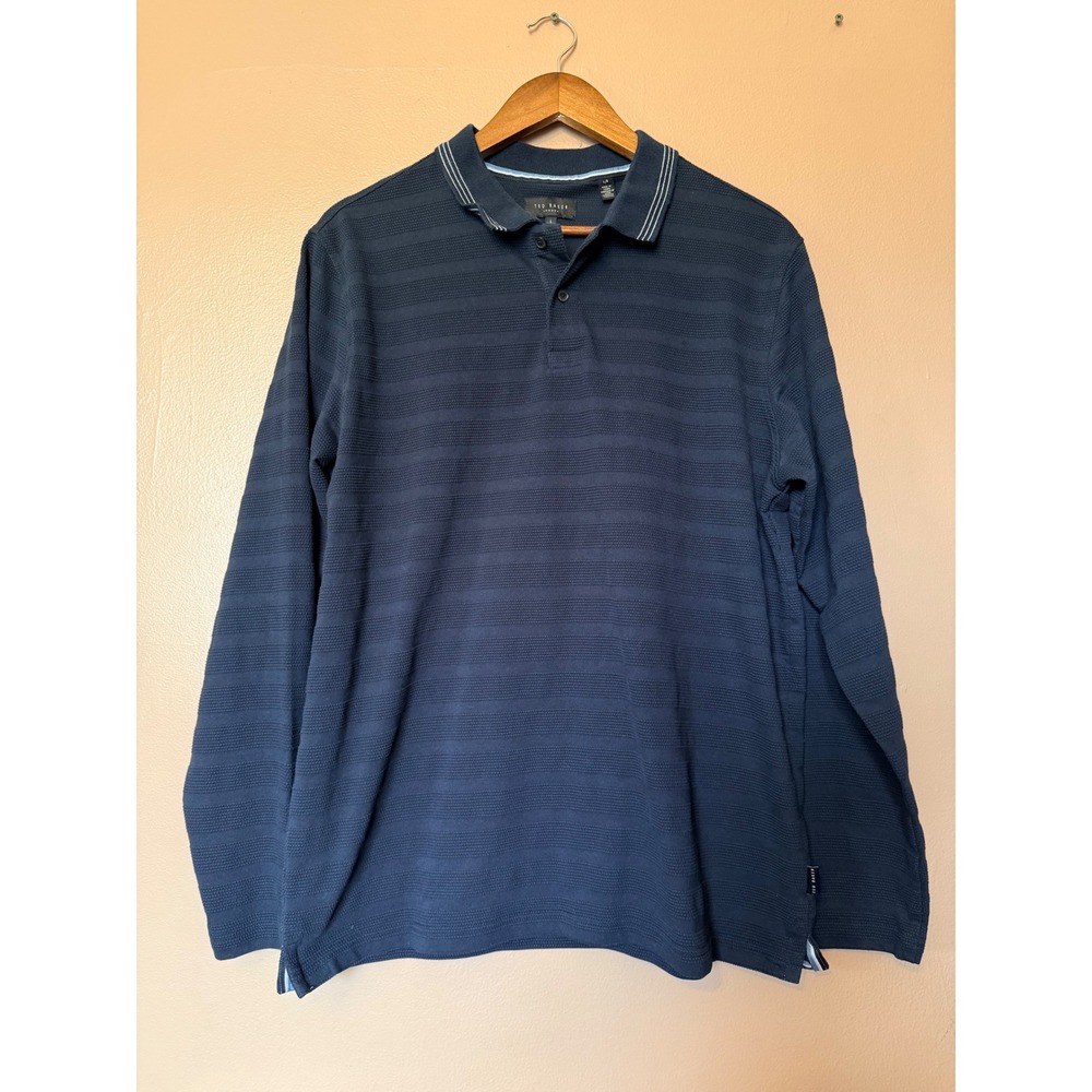 Ted Baker Men's Large‎ Navy Blue Long Sleeve Polo Shirt Texture Popcorn Stripe